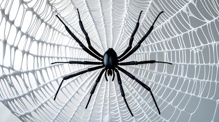 A professional photo of a highly detailed spider web with intricate threads and patterns, featuring a large black spider with distinct rounded body and long slender legs in the center.