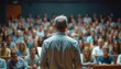 © Raisa - Professor addresses large audience in university lecture hall. Students listen attentively, absorbing knowledge from higher education discourse. Focus on learning, teaching, and academic environment.