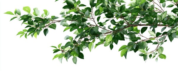 Lush green branch with leaves against white background