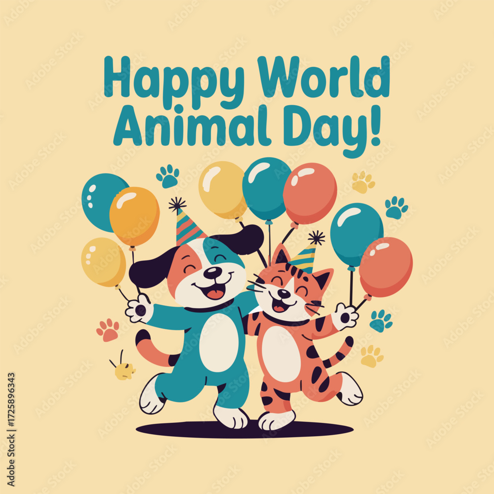 Cute animals cartoon vector for World Animal Day, support animal rights ...