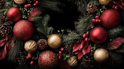 Wall Mural - festive holiday wreath adorned with red and gold ornaments and pine branches creating a seasonal display