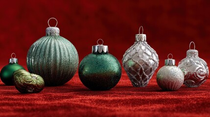 Wall Mural - green and silver christmas glass decorations on red velvet backgrund with copy space generated image