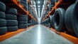 © Raisa - Warehouse tire storage. Stacked tires on shelves, inventory management system. Efficient storage solutions. Focus on transport business, logistic, automotive. Clean workspace organization. Systematic