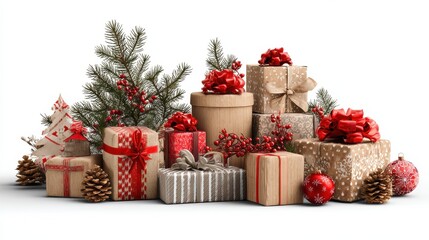 Wall Mural - festive christmas scene with gifts and decorations isolated on white background