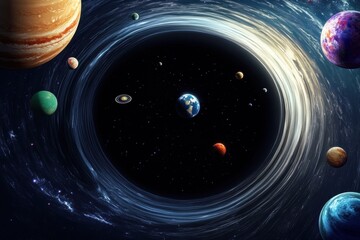 Wall Mural - Cosmic journey through a swirling black hole surrounded by planets in a vast universe