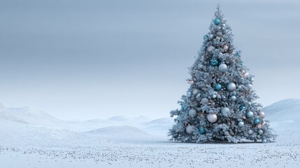 Wall Mural - detailed 3drendered christmas tree standing in snowy white landscape decorated with festive ornaments for winter holiday graphics
