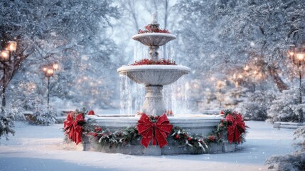 Wall Mural - winter decorated fountain in snowy park with red bows and evergreen garlands in serene holiday setting concept of festive outdoor decor christmas season winter wonderland