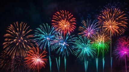 Colorful fireworks exploding in a dark night sky celebration