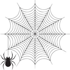 A detailed macro vector illustration of an arachnid's spiderweb trap with glistening dew drops and intricate net pattern