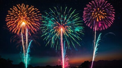 Colorful fireworks exploding in night sky over dark landscape