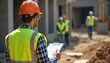 © Raisa - Safety inspector in orange hard hat, yellow vest checks clipboard at construction site. Diligence, compliance focused. Occupational health, workplace safety awareness. Men at work visible in