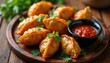© Raisa - Crispy fried vegetable momos, savory vegetarian snack from Asian cuisine, presented top-down on wooden plate with chili dipping sauce. Delicious dumplings offer flavorful fusion, comforting,