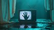 © MstTasmiya - A haunting scene with a vintage TV displaying a ghostly hand, surrounded by dim lighting and eerie curtains.