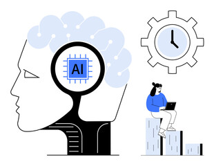 Wall Mural - Human head with AI chip, clock inside gear, and person using laptop highlight AI, time management, tech innovation. Ideal for artificial intelligence, technology, productivity, innovation business