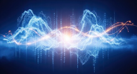 Futuristic representation of digital data transmission with glowing waves and binary code streams