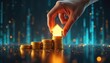 © Raisa - Hand places glowing house icon on stack of golden coins. Image visualizes digital real estate investment growth, financial success, wealth creation in virtual market. Real estate property technology.