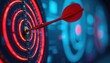 © Raisa - Marketer analyzes retargeting performance with dartboard target focus. Colorful setting marketing strategy success, precision, campaign data, engagement, advertising behavior, conversion growth,