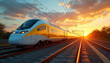 © Raisa - High speed train powered by renewable energy travels swiftly along tracks at sunset. Modern technology and sustainable transport define this futuristic electric railway system in motion.