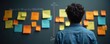 © Raisa - Person stands in front of wall covered with colorful sticky notes, reflecting on ideas, tasks. Scene represents goal setting, strategic planning, creative business solutions, project management,