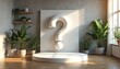 © Raisa - Minimalist white 3D question mark symbol on podium. Plants and natural light enhance exploration, inquiry, and problem-solving concepts. Clean background for curiosity and idea generation.
