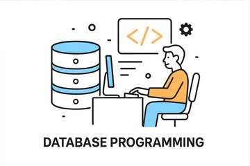 Database programming in a modern workspace with a programmer coding and analyzing data at a computer