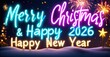 © antishock - Bright neon sign displays festive greetings. Fireworks illuminate dark sky above snowy landscape. Celebratory message conveys holiday spirit.