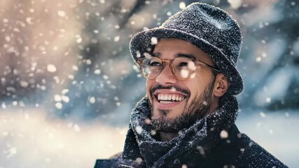 Wall Mural - Man in hat and glasses in snowy environment