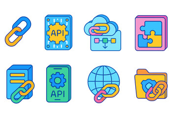 Networking, api flat icon set. connectivity, link structure, integration visuals.
