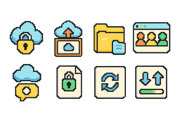 Wall Mural - Cloud computing pixel icon set. secure storage, synchronization pixelated icons collection