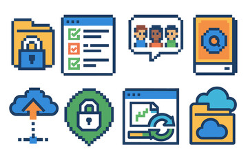 Wall Mural - Security and data protection icon set. pixel, outline style tech symbols collection.