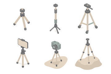 Tripod Variants Display. Isometric vector illustration set Tripod Variants and Use Cases: tabletop mini tripod, monopod with foot,