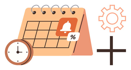 Wall Mural - Desk calendar with bell icon, percentage tag, clock, gear, and plus sign for planning. Ideal for time management, scheduling, organization productivity reminders settings discounts. Simple flat