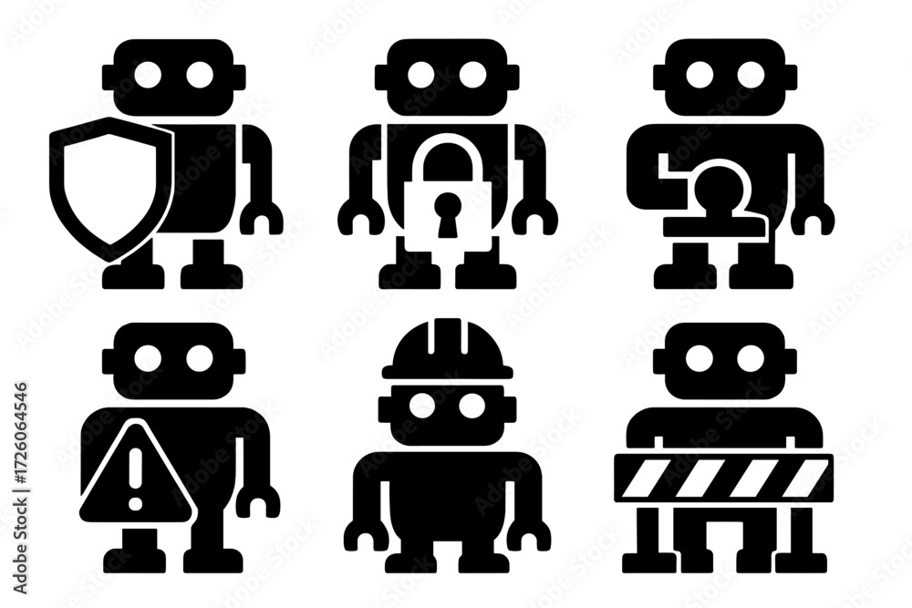 Safety Robot Icons. Safety Robots silhouette set : robot with shield ...