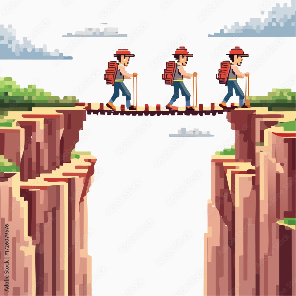Pixel art depiction of three hikers crossing a bridge over a deep ...