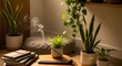 © Afif - Serene indoor scene featuring plants, a burning incense stick, and notebooks, evoking a peaceful atmosphere.