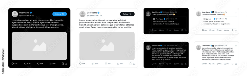 X (formerly Twitter) desktop post templates in dark and light mode ...