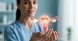 © DENIS - Mulher segurando útero 3D — sistema reprodutivo feminino, saúde da mulher,  conceito de câncer ginecológico e de colo do útero.
