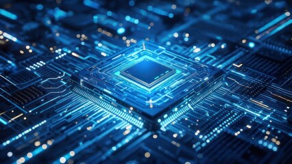 Central Processing Unit CPU on a circuit board with glowing blue lines, representing advanced technology and computing power.