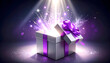 © EPDICAY - Purple present box glowing with sparkling energy, magical mystery and festive atmosphere.