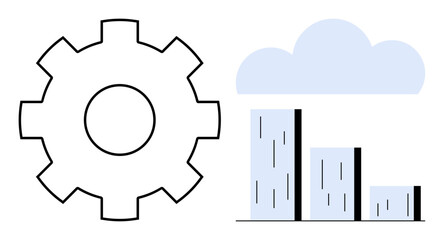 Wall Mural - Gear beside a bar graph under a cloud, representing technology, analytics, growth, integration. Ideal for metrics, cloud computing, progress, optimization engineering strategy simple flat metaphor