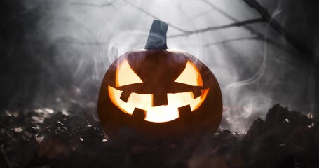 Wall Mural - Halloween jack o lantern glowing brightly in mysterious wilderness covered in smoke and fog. Dramatic smoky atmosphere around carved pumpkin in deserted woodland for spooky Halloween background.