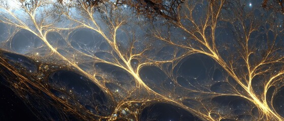 Abstract Golden Luminous Veins - Intricate Organic Network Glowing in Dark Space.