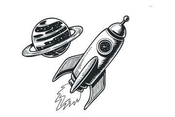 Wall Mural - Rocket ship flying past a ringed planet. Vector hand drawn illustration