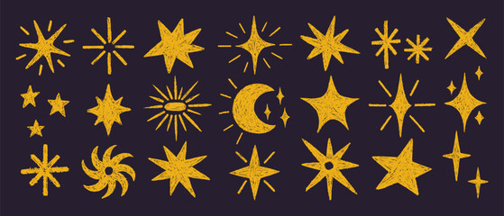 Wall Mural - Crayon Star and Chalk Icons Set. Vector Collection Hand Drawn Doodle Shapes of Stars, Moon, Sun, Rays in Yellow Color. Charcoal Sparkle Elements in Kids Style.