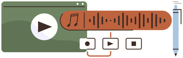 Audio waveform with music note, player interface featuring controls, web window, connected tools. Ideal for audio production, editing, streaming, creativity, media education flat metaphor