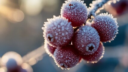 Frosted red berries clustered tightly displaying icy textures in soft diffused light