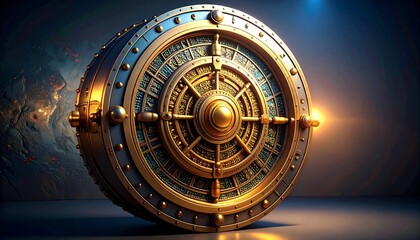 Golden Circular Object with Detailed Design and Futuristic Aesthetic