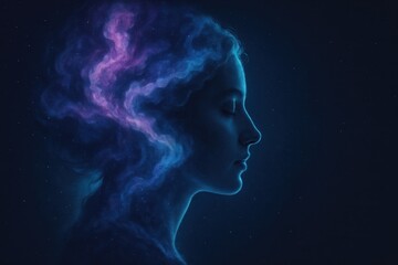 Wall Mural - Contemplative profile blended with nebula and stars double exposure calm cosmic meditation