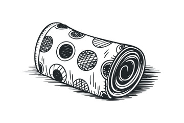 Rolled up object with circular pattern and hatching lines. Vector hand drawn illustration