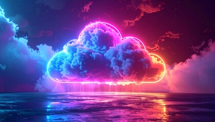 Wall Mural - Futuristic cloud computing concept illustration with glowing blue global technology under night sky